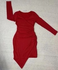 Besly Red Long Sleeve Ruched Party Dress Asymmetrical Seam S Bodycon Mini