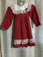 Vtg. Bryan-Red/White Floral/Bib Collar W/Lace-Girl s Prairie Style Dress-Sz. 6