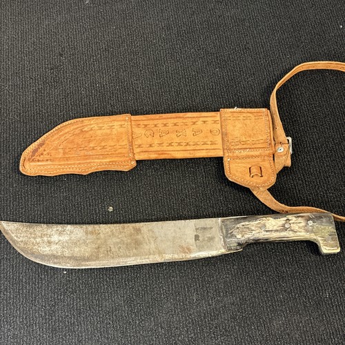 Vintage Mexican  Machete Forged Steal With Bone Handle Brown Leather Belt Sheath