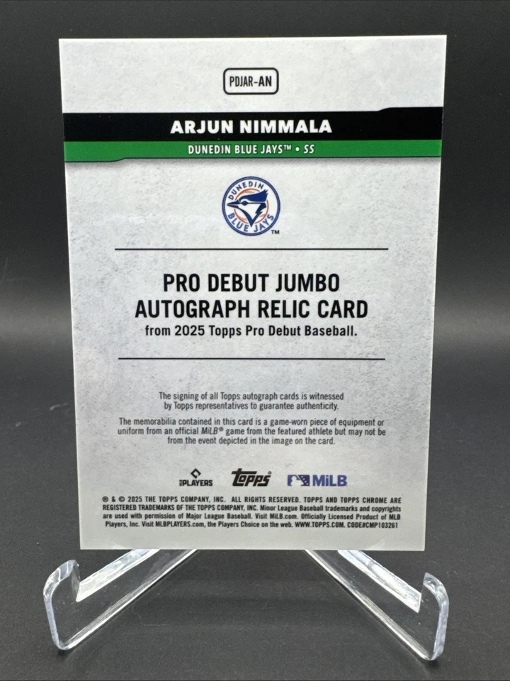 Arjun Nimmala 2025 Topps Pro Debut Jumbo Relic Auto Green /99 Blue Jays PDJAR-AN - Image 2 of 2