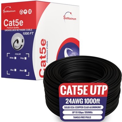 1000ft Cat5e Black Solid 24AWG Cable UTP Cat5 Bulk Network Wire (Unshielded (UTP