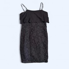 CDC Evening Black Lace Bodycon Mini Dress Bow Straps Scoop Neck Size 10