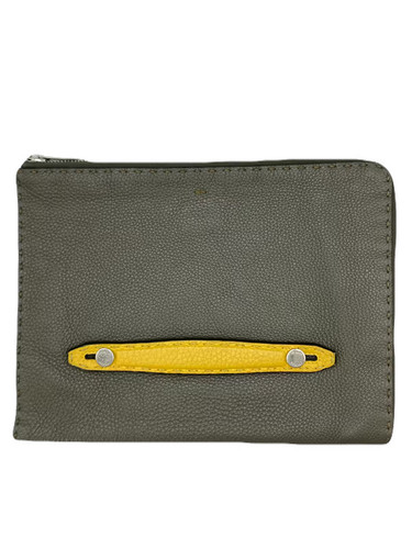 FENDI Selleria Leather Clutch Bag Two-tone Color Khaki Black USED Y0315-8