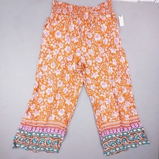 NWT Anthropologie Maeve Orange Floral Smocked Waist Wide Leg Pants Large