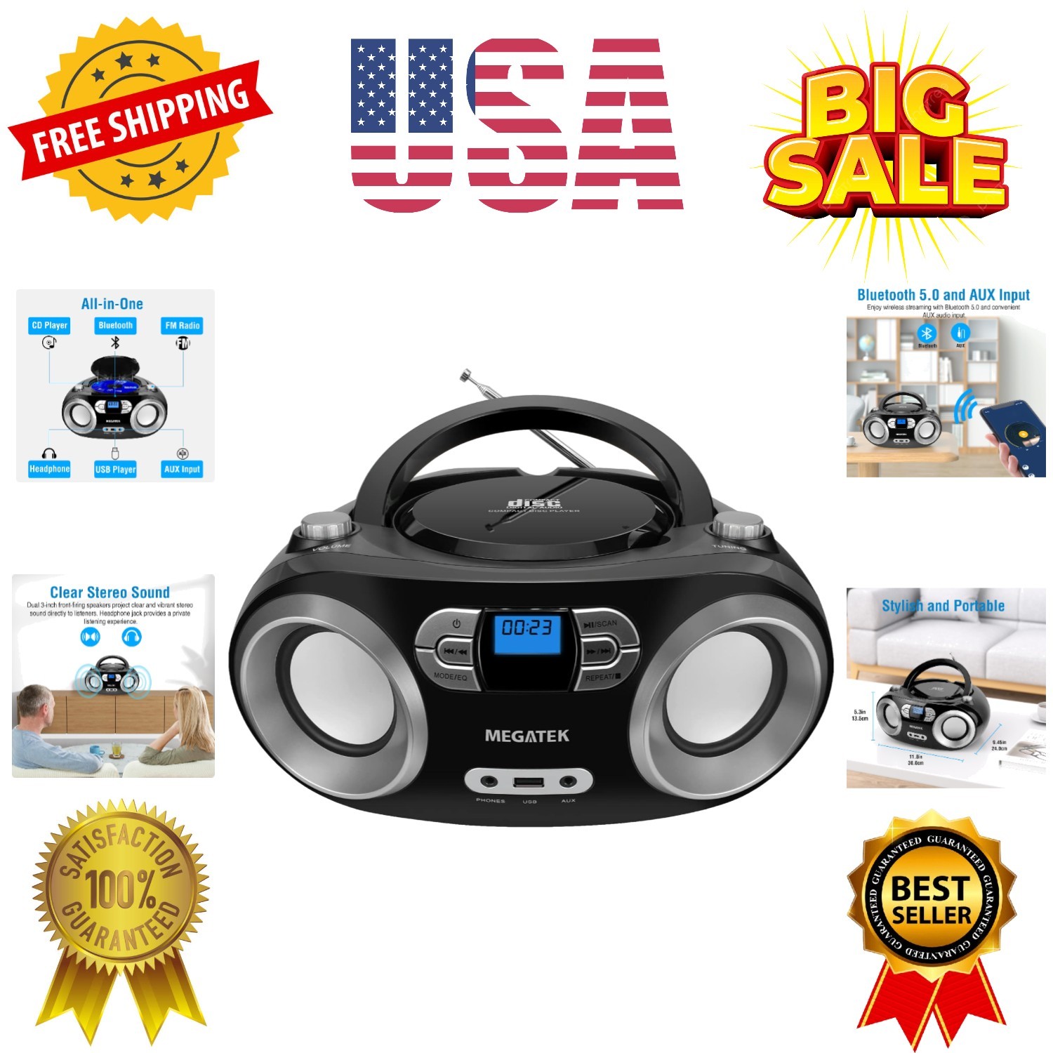 Portable CD Player Boombox with FM Radio, Bluetooth, USB Por