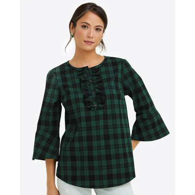 NWT Draper James Ruffle Placket Tunic in Blackwatch Plaid Womens XS Green