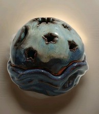 Art Pottery Moon& Stars Tea Light Votive Blue Drip Glaze Not Signed