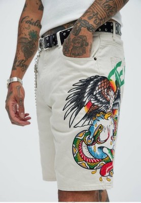 Ed Hardy Denim Shorts Men SZ 38 NWT Skull Eagle Tattoo Embroider Y2K *MAKE OFFER