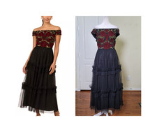 Adrianna Papell Dress Black Red Women 10 Sequin Roses Tulle Romantic Cocktail