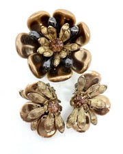 Miriam HASKELL Glass Petals & Rhinestone Brooch Earrings Signed Vintage Jewelry