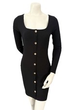 IRIS Black Ribbed Knit Button Front Long Sleeve Sweater Bodycon Dress Women’s L