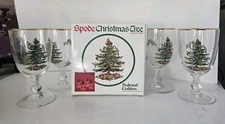 Spode Christmas Tree 16 Ounces Pedestal Goblets with Gold Rims, Set of 4 Preown