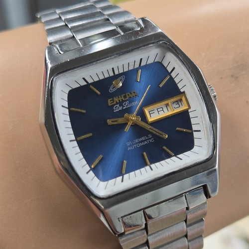 Orologio automatico uomo vintage ENICAR De Luxe giorno/data AR-2158 quadrante blu anni 70 - Foto 8 di 19