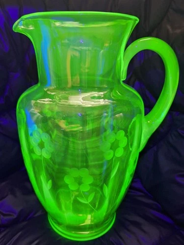 Uranium Depression Green Glass Pitcher Etched Flowers 64 oz.