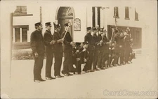 Row of Men Uniform Holding Axes-Firemen? Original Vintage Real Photo RPPC