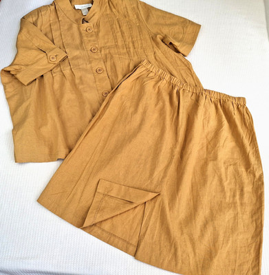 Vintage Allison Woods Women's Size 22W Linen Blend Skirt Suit Set Button Elastic
