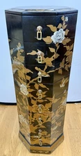 Mid Century Chinoiserie Hand Painted Octagonal Jewelry Lingerie Chest Dresser