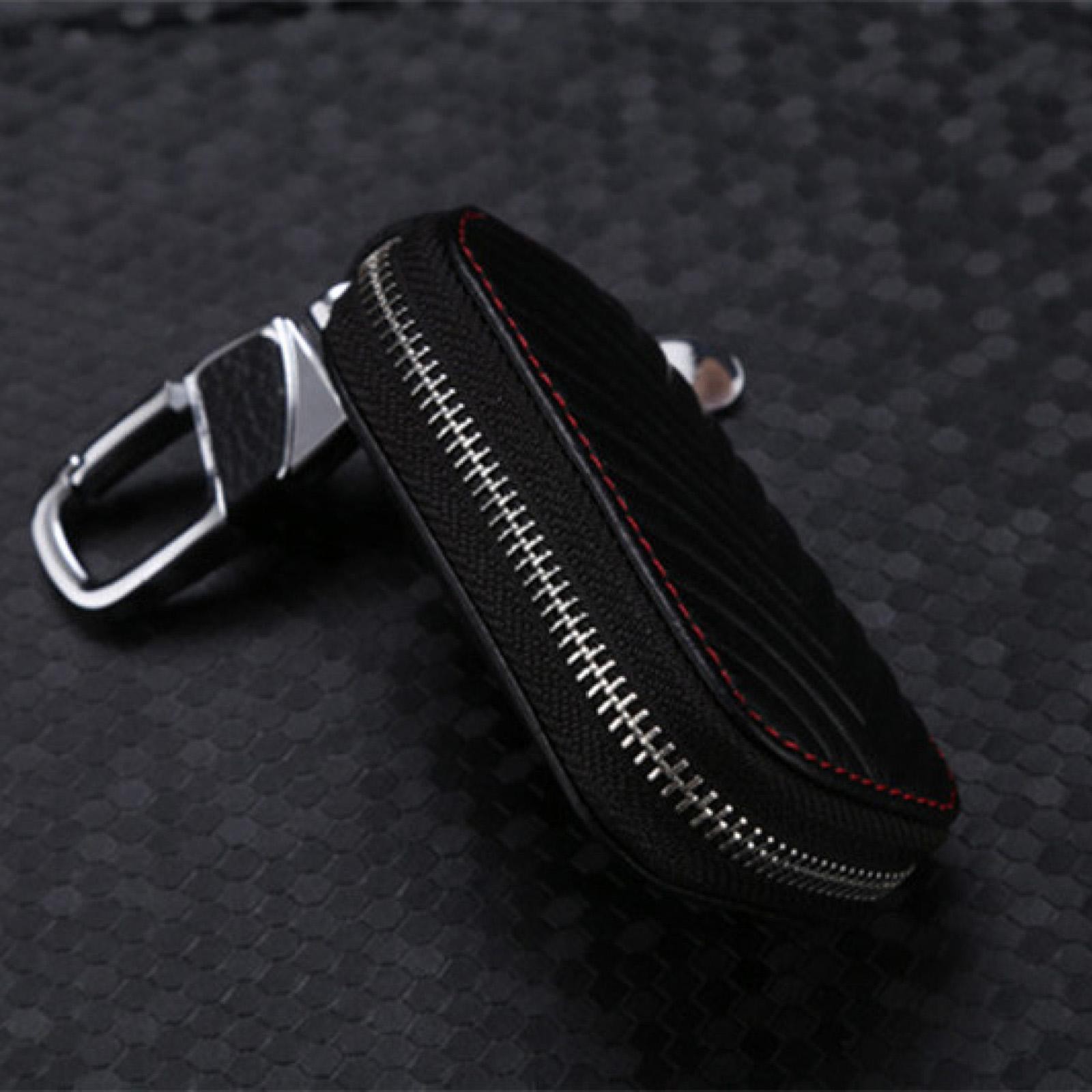 Black Car Key Chain Bag Genuine Leather Key Holder Cover Remote Fob Zipper Case