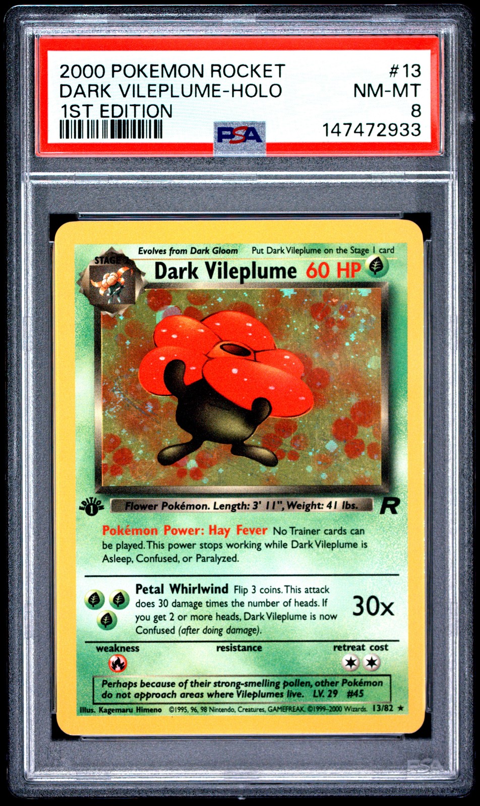 2000 POKEMON ROCKET 1ST EDITION #13 DARK VILEPLUME-HOLO PSA 8