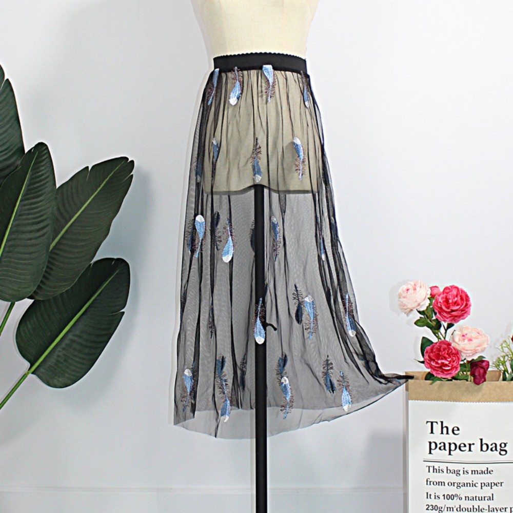 Embroidered Mesh Sheer Skirt Petticoat Underskirt Lace Half Slips See Through