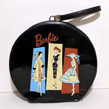 Vintage 1961 Mattel Ponytail BARBIE Round Hatbox Style Black Carry STORAGE CASE