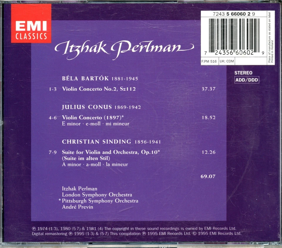Perlman / Previn - Bartok Conus Sinding - Image 2 of 3