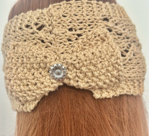 Hand Knits 2 Love Headband Bandana Lace Bow Pearls Designer Fashion Khaki Beige - Picture 4 of 11