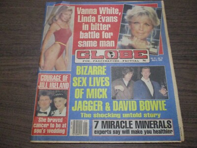 Globe May 22 1990 David Bowie Mick Jagger, Vanna White & Linda Evans, Tabloid