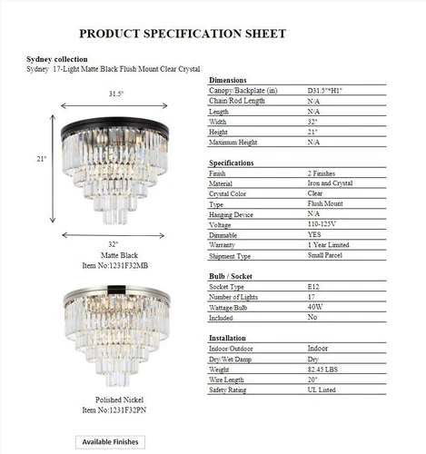 Large Polished Nickel Flush Mount Crystal Light Golden Teak Dining Room Fixture - Picture 8 of 8
