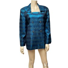 Lily Taylor Blazer Crystal Rhinestone Buttons Metallic Blue Black Brocade Jacket