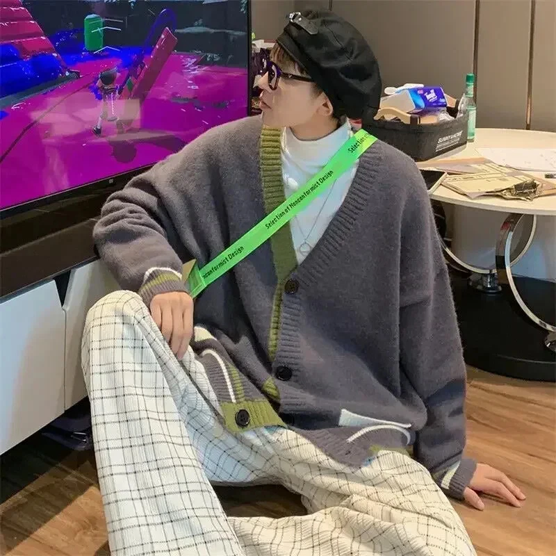 Suéteres de punto para hombre Chaqueta azul Hombre Ropa Cárdigan Cuello en V Abrigo Retazos Foto 4 de 4