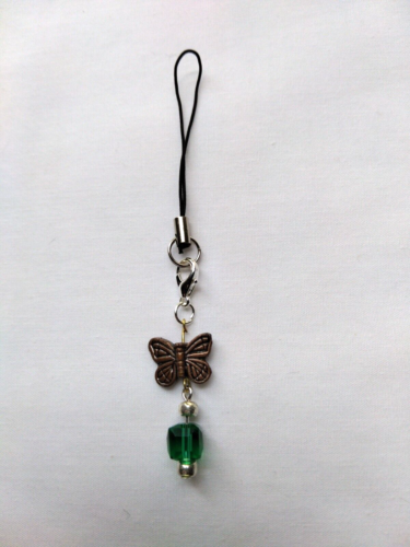 Bronzeton Schmetterling grün quadratisch Würfel Perle Telefon Charm Riemen handgefertigt hängen - Bild 1 von 5