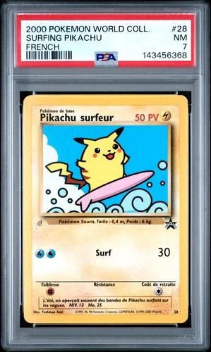 2000 POKEMON PIKACHU WORLD COLLECTION FRENCH #28 SURFING PIKACHU PSA 7