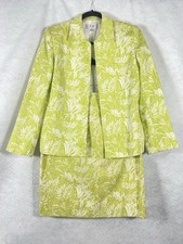 Le Suit 2PC Skirt Suit Petite 12P Green Open Blazer Floral Quilted 100 Cotton