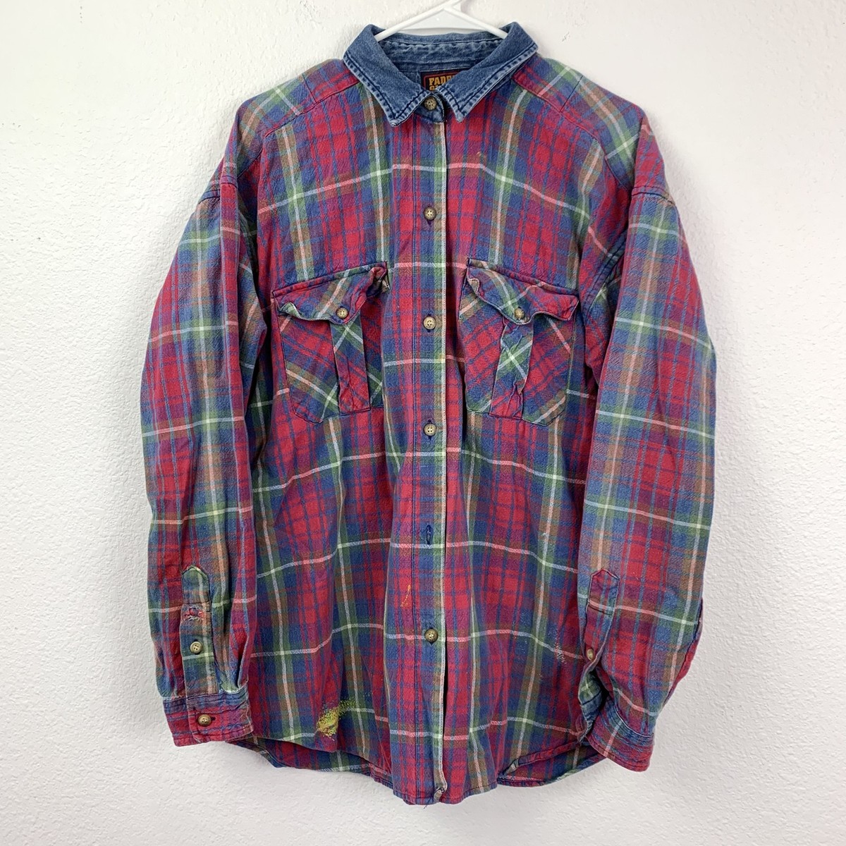 Vintage 90s Faded Glory Women's Plaid Flannel Shirt Denim Collar