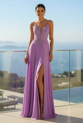 Long Lilac Chiffon Lace Top Prom Dress Size 6 High Slit Event Formal Gown