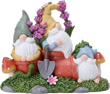 Garden Gnome Statue, Gnomes Figurine on Flower Pot with Floret and Mushrooms,