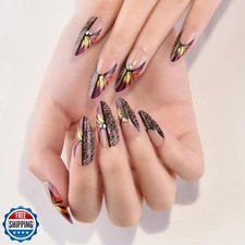 Nude Press on Fake Nails Medium Almond with Black Rose Design, Press on Nails