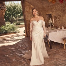  Off The Shoulder Satin Mermaid Wedding Dresses Lace Appliques Trim Bridal Gowns