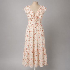 Romantic Floral Fairy Ruffle Maxi Dress Size L Pink Flutter SLeeve Cottage Twee