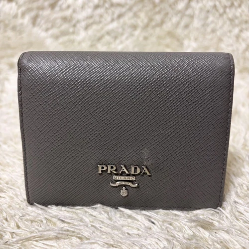Prada Portefeuille Bi Pliable Cuir Saffiano Bi Couleur Mini Portefeuille Authentique