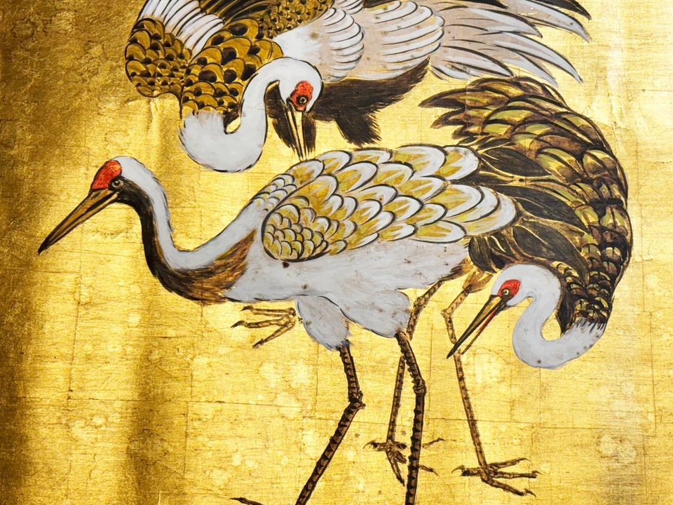 Large Shōwa Japanese Nihonga Crane Painting • Gold Leaf • Hand-Painted • Silk - Image 3 of 4