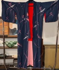 Vintage Kimono Silk with Pink Silver Bamboo Motif Mid-Century Japan