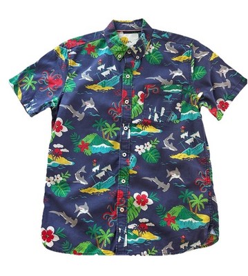 Mini Boden Vacation Pirate Ship Sea Life Print Button Up Shirt 13 14 EUC B1830