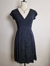 Vintage Animal Black Dress 10 Tie Waist Embroidered Shirt Sleeve Fit & Flare