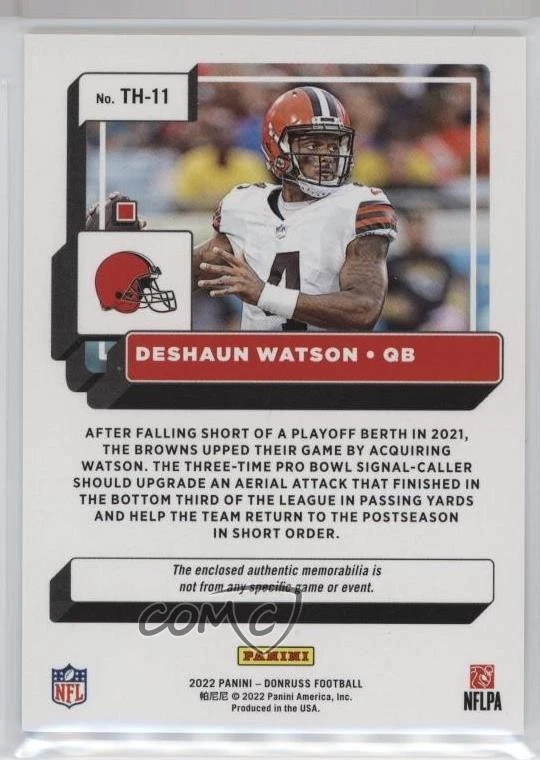2022 Panini Donruss Donruss Threads Deshaun Watson #TH-11 - Image 2 of 2