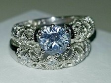 Cubic Zirconia with Sterling Silver Filigree Bridal Engagement Ring Set Size 8