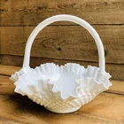 Large White Milk Glass 11” Hobnail Basket Bowl Ruffled Edge Fenton Tablescape