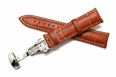 20mm Brown Leather Alligator Grain Watch Band Deployment Clasp - Free Spring Bar