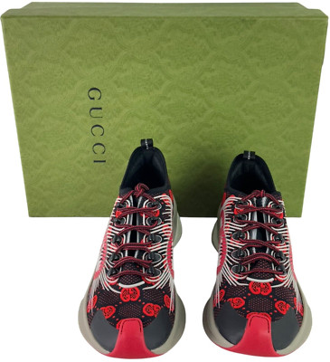GUCCI Black Red Technical Run Knit Fabric Men's Sneakers Made in Italy 10-10.5US